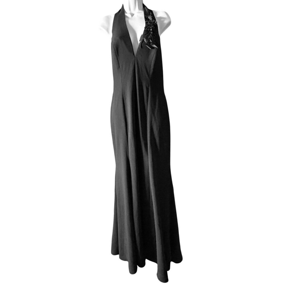 Miss Max Black Halter Evening Gown with Floral Appliqué Size 44 L - Picture 6 of 16